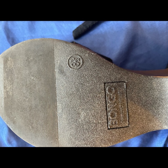 Bongo sz 8 platform wedge sandals wood base black cotton peep toe 3-4” high - Picture 4 of 4